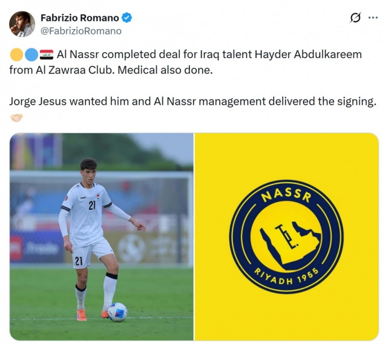开云体育app-罗马诺：利雅得胜利将签下伊拉克中场海德尔·阿卜杜勒卡里姆